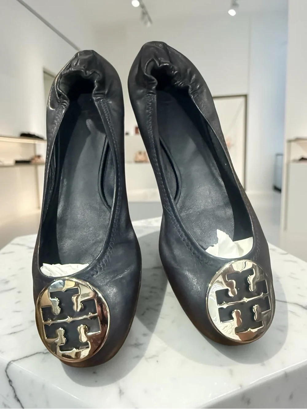 Tory Burch Black Leather Logo Round-Toe Ballet Flats
